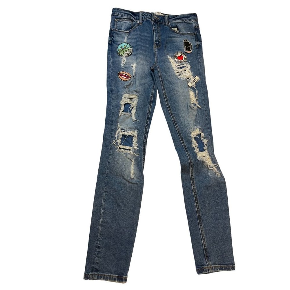 Forever 21 Womens Patch Jeans Skinny Leg Mid Rise Distressed Blue Size 27